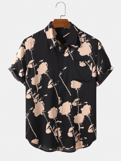 Mnes Camisa De Manga Corta Con Solapa Y Bolsillo Con Estampado De Flores