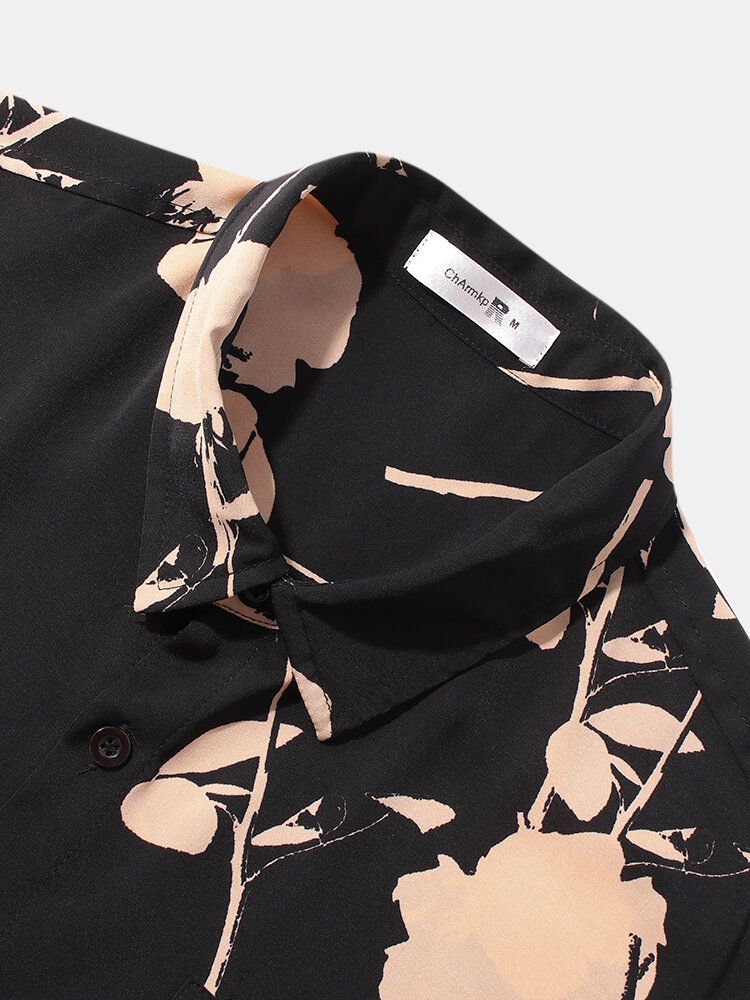 Mnes Camisa De Manga Corta Con Solapa Y Bolsillo Con Estampado De Flores