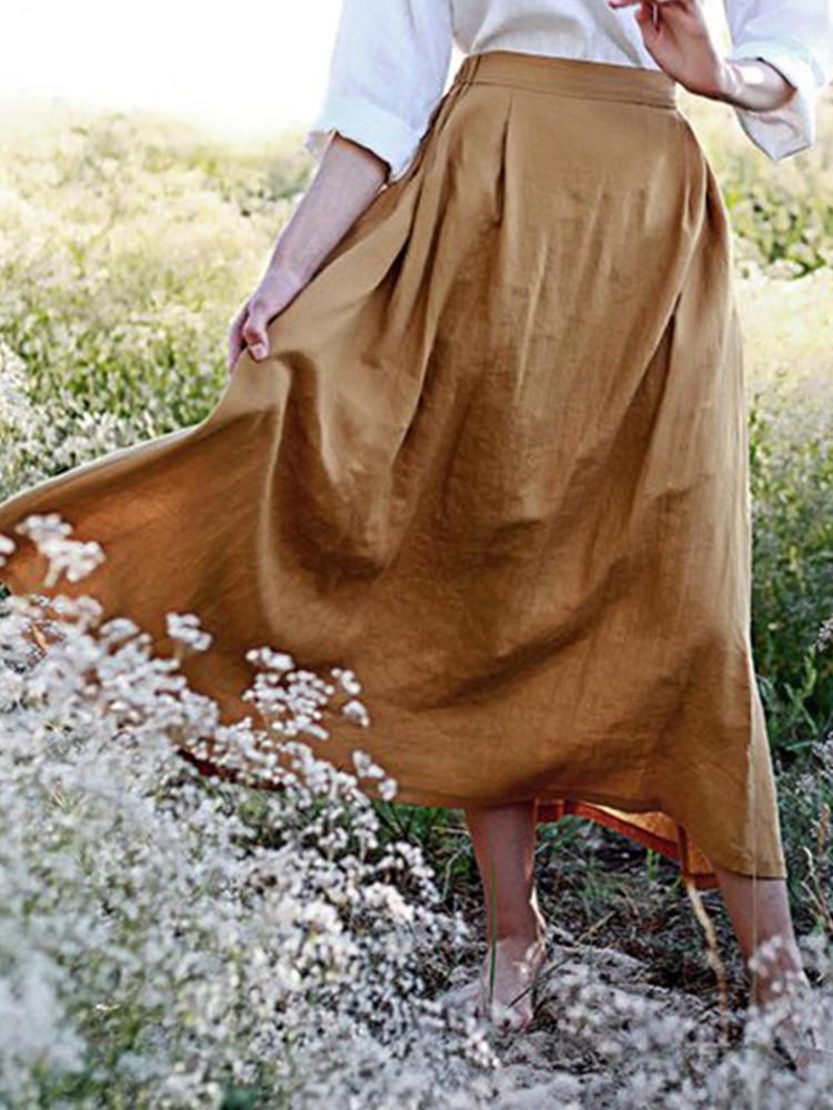 Faldas Con Dobladillo Suelto De Algodón De Lino Con Cintura Elástica De Color Sólido Para Mujer