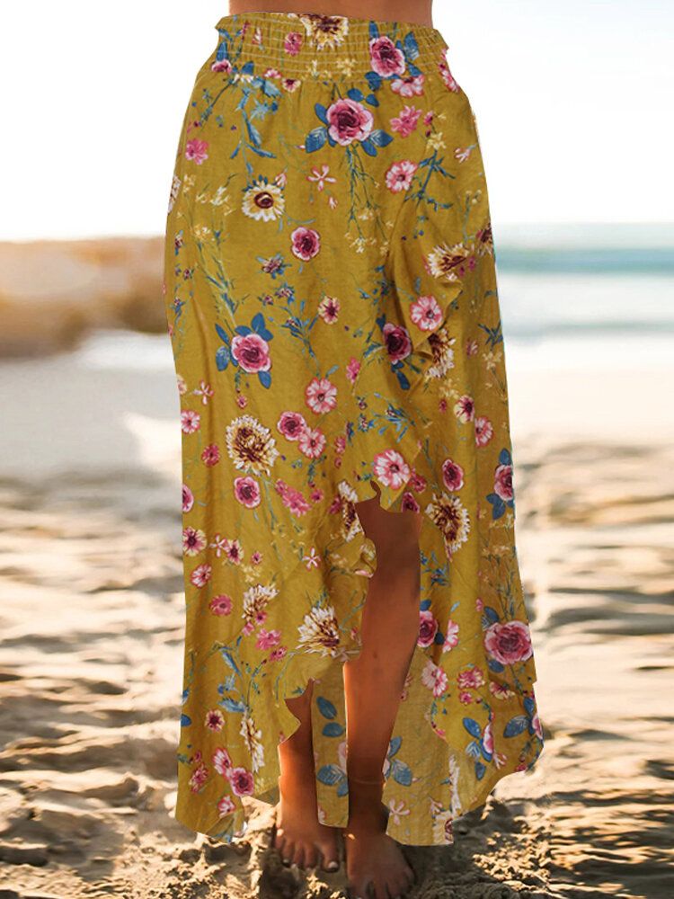 Faldas Largas Con Dobladillo Con Volantes Y Cintura Elástica Con Estampado Floral De Playa Bohemia