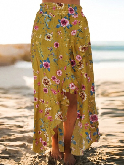 Faldas Largas Con Dobladillo Con Volantes Y Cintura Elástica Con Estampado Floral De Playa Bohemia