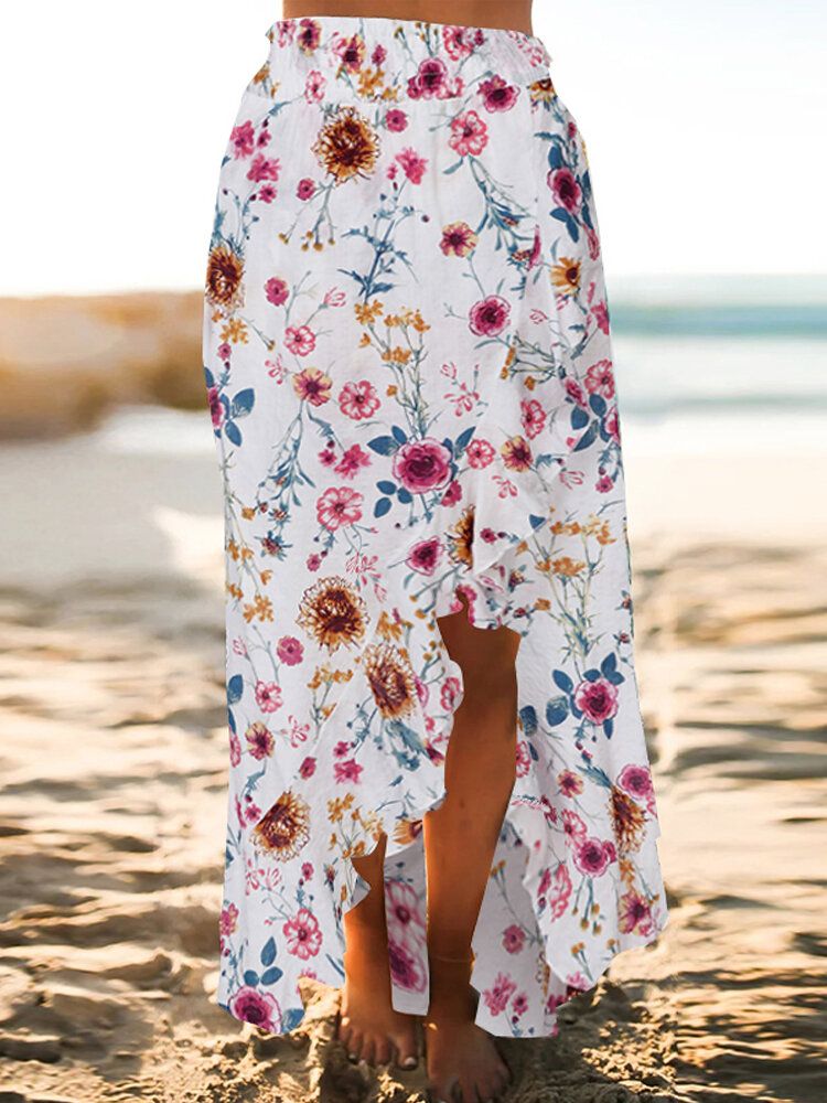 Faldas Largas Con Dobladillo Con Volantes Y Cintura Elástica Con Estampado Floral De Playa Bohemia