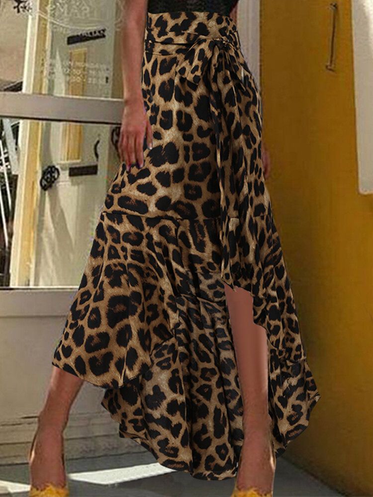 Faldas Largas Divididas De Verano Con Dobladillo Irregular De Cintura Alta Con Estampado De Leopardo