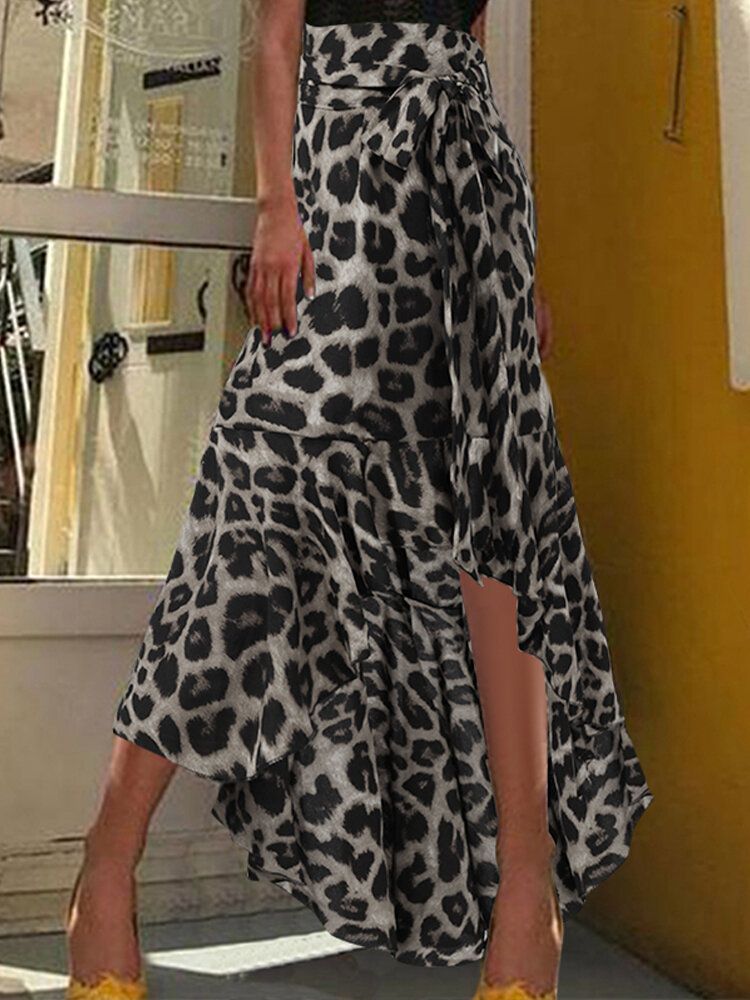 Faldas Largas Divididas De Verano Con Dobladillo Irregular De Cintura Alta Con Estampado De Leopardo