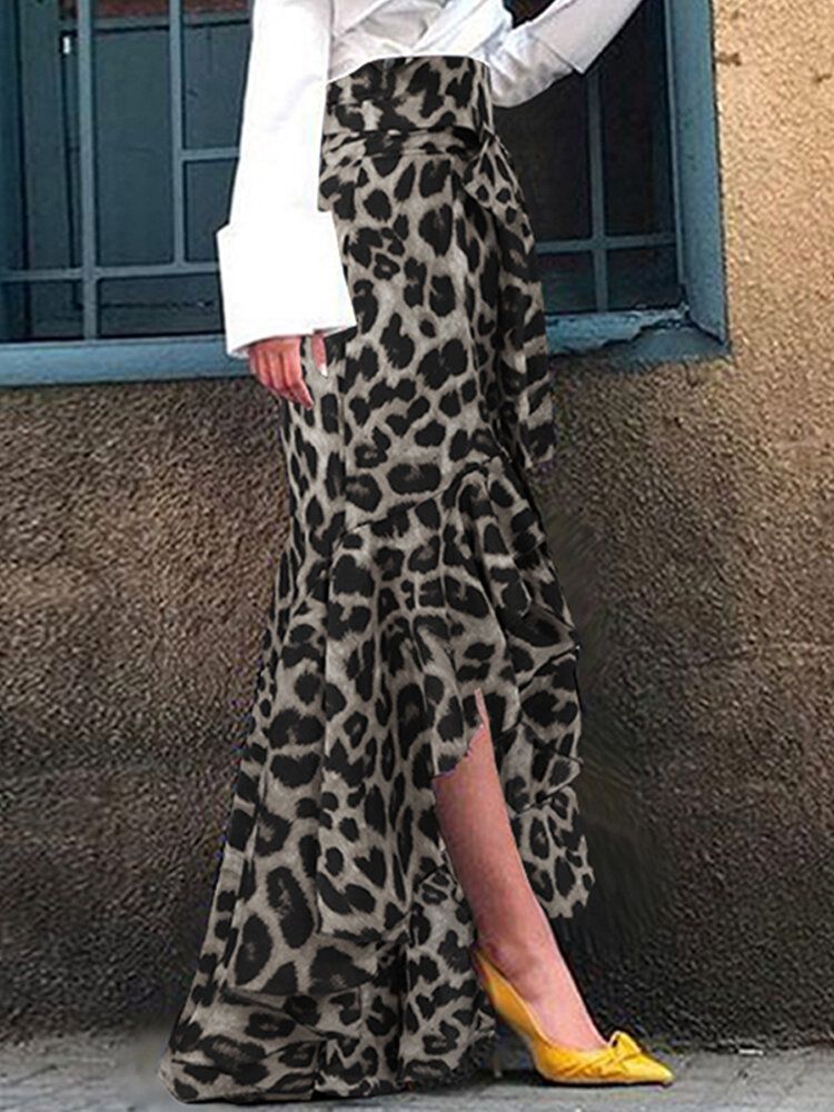 Faldas Largas Divididas De Verano Con Dobladillo Irregular De Cintura Alta Con Estampado De Leopardo