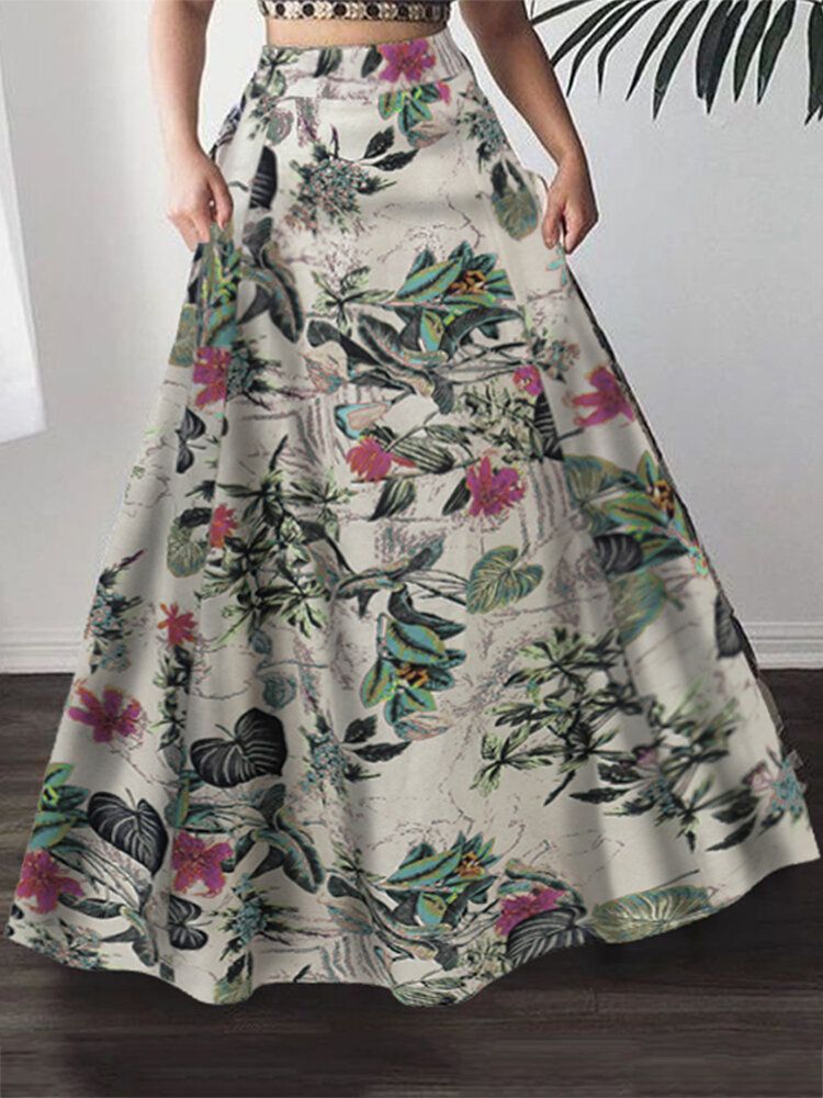 Faldas Maxi Bohemias De Cintura Alta Con Estampado Floral De Planta De Algodón 100% Para Mujer