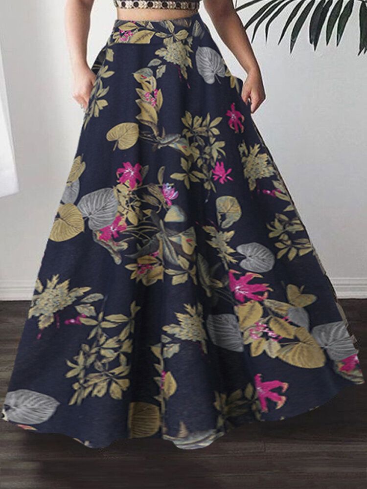 Faldas Maxi Bohemias De Cintura Alta Con Estampado Floral De Planta De Algodón 100% Para Mujer