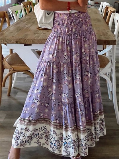 Faldas Maxi Sueltas Elegantes De Cintura Alta Elástica Con Estampado Floral Para Mujer