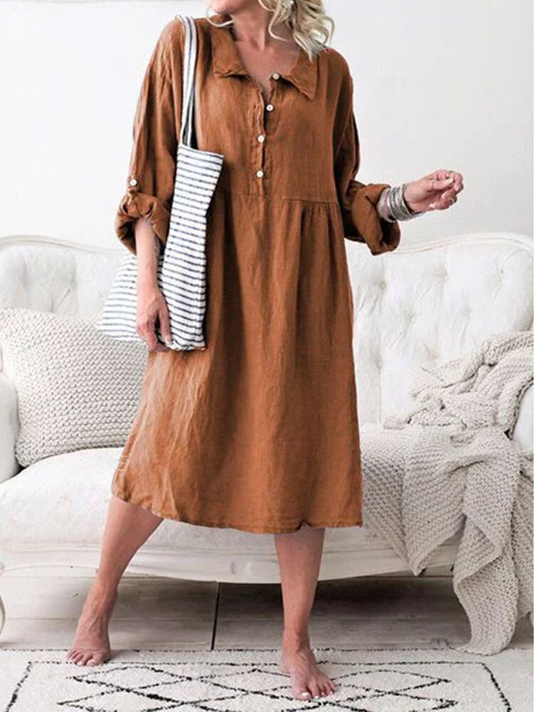 Vestido De Camisa Casual Con Solapa Y Botones De Manga Larga Para Mujer