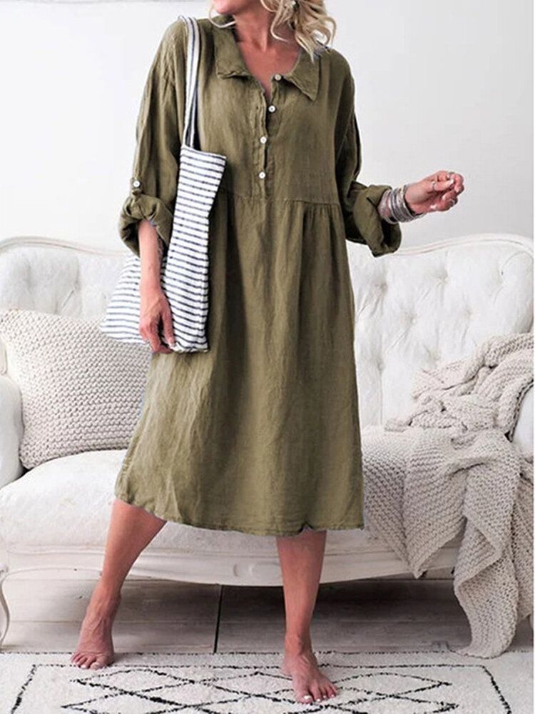 Vestido De Camisa Casual Con Solapa Y Botones De Manga Larga Para Mujer