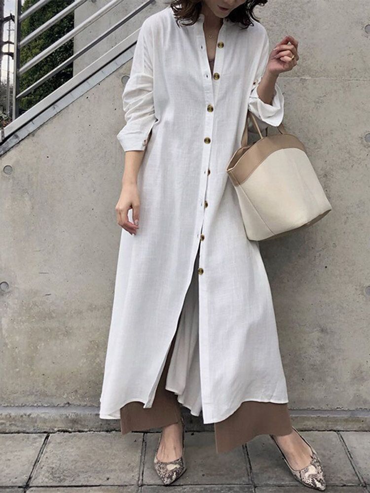 Vestido De Camisa Con Botones De Manga Larga Y Cuello Alto Informal De Color Sólido Para Mujer