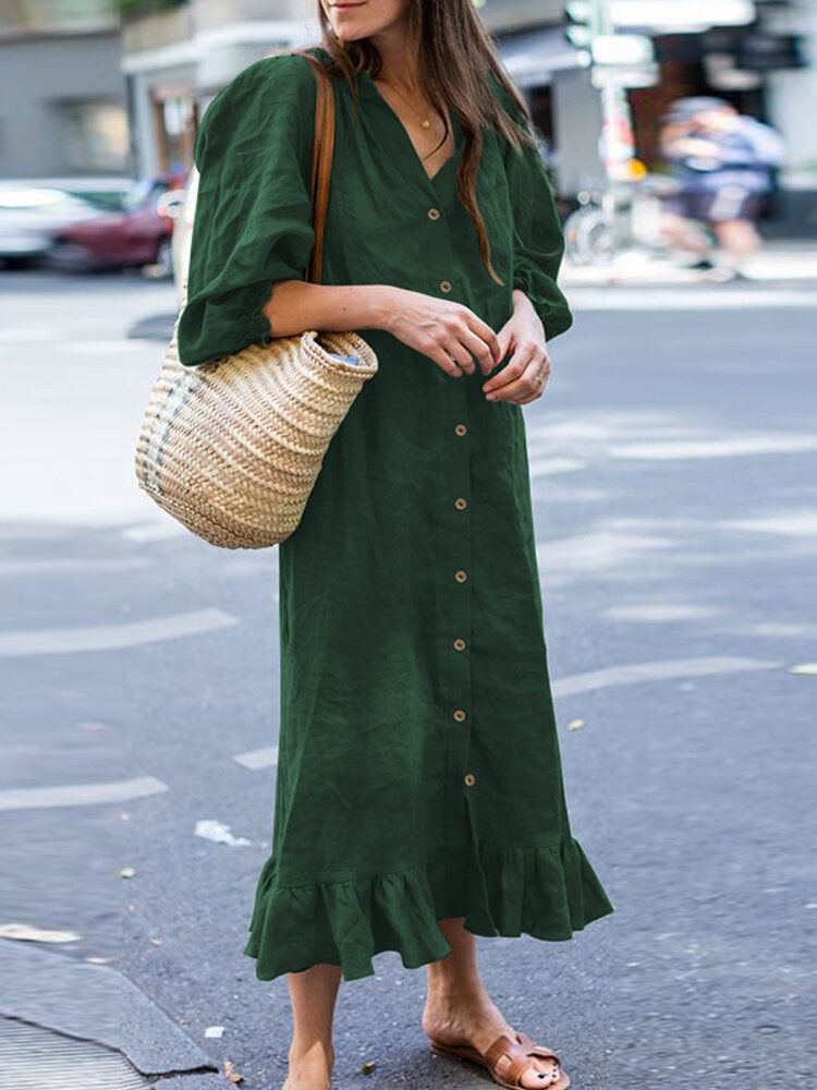 Vestido De Camisa Con Dobladillo Con Volantes Y Botones De Manga Abullonada De Color Sólido Informal Para Mujer