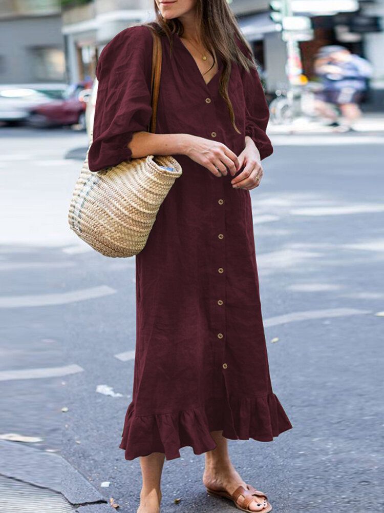 Vestido De Camisa Con Dobladillo Con Volantes Y Botones De Manga Abullonada De Color Sólido Informal Para Mujer