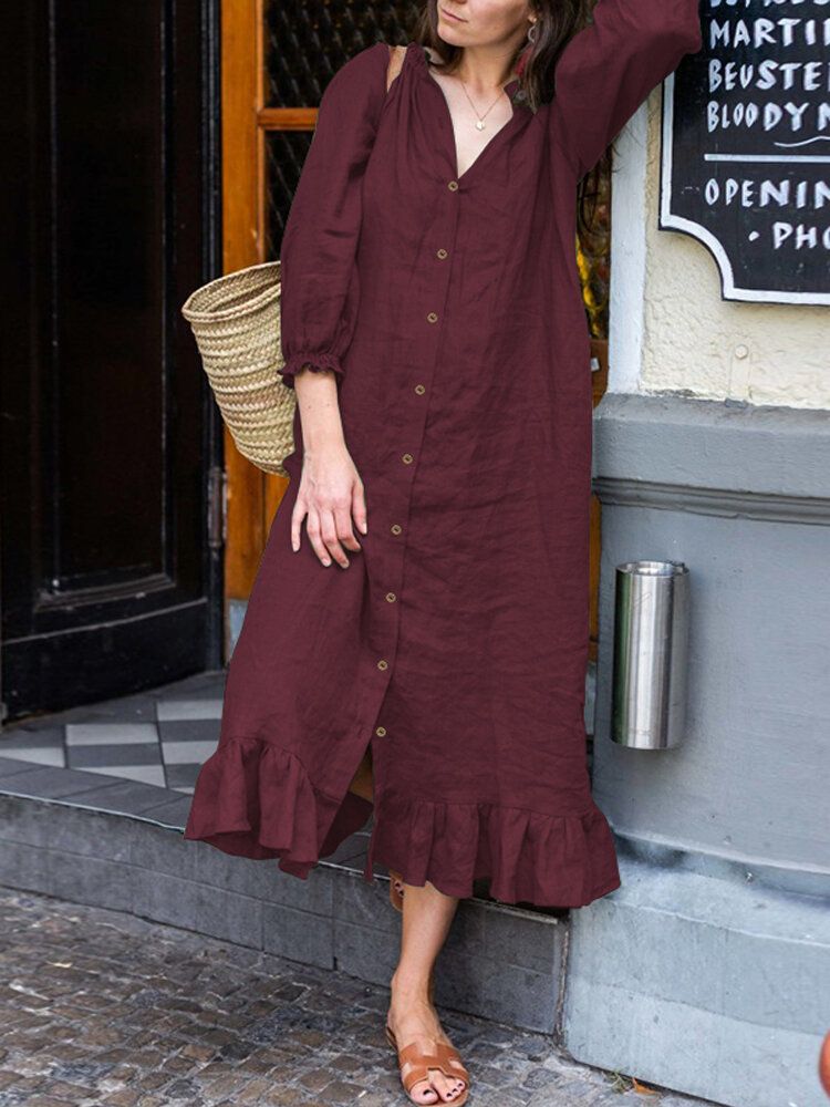 Vestido De Camisa Con Dobladillo Con Volantes Y Botones De Manga Abullonada De Color Sólido Informal Para Mujer