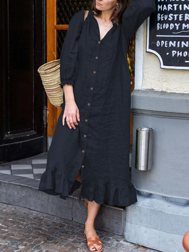 Vestido De Camisa Con Dobladillo Con Volantes Y Botones De Manga Abullonada De Color Sólido Informal Para Mujer