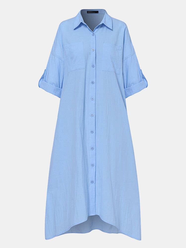 Vestido De Camisa Informal Con Dobladillo Alto Y Bajo De Color Sólido Con Cuello De Solapa De Algodón Para Mujer