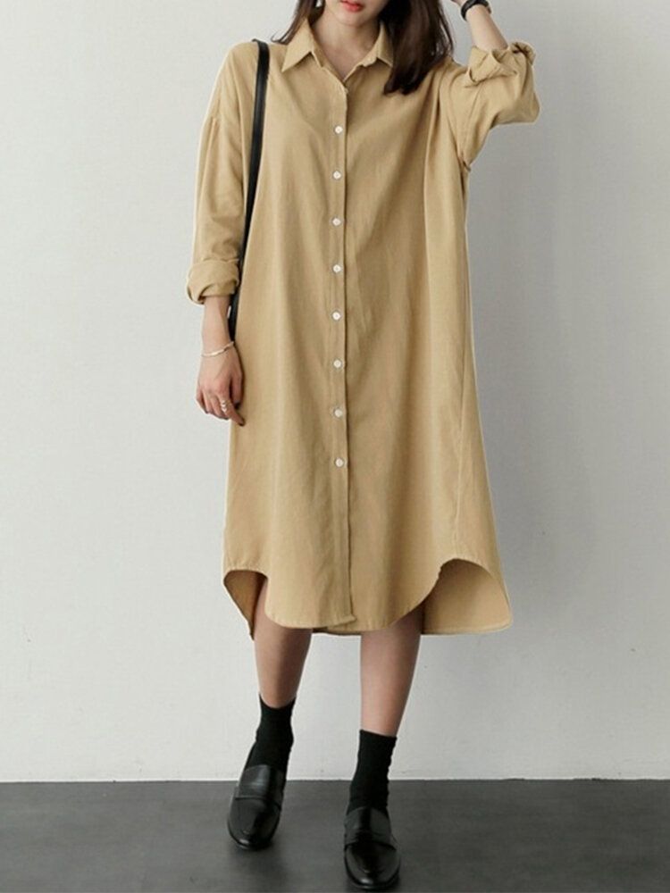 Vestido De Camisa Informal Simple Con Dobladillo Irregular De Manga Larga Con Cuello De Solapa De Color Sólido Para Mujer