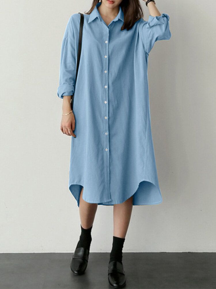 Vestido De Camisa Informal Simple Con Dobladillo Irregular De Manga Larga Con Cuello De Solapa De Color Sólido Para Mujer