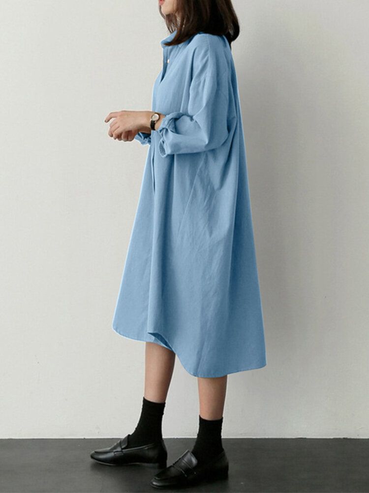 Vestido De Camisa Informal Simple Con Dobladillo Irregular De Manga Larga Con Cuello De Solapa De Color Sólido Para Mujer