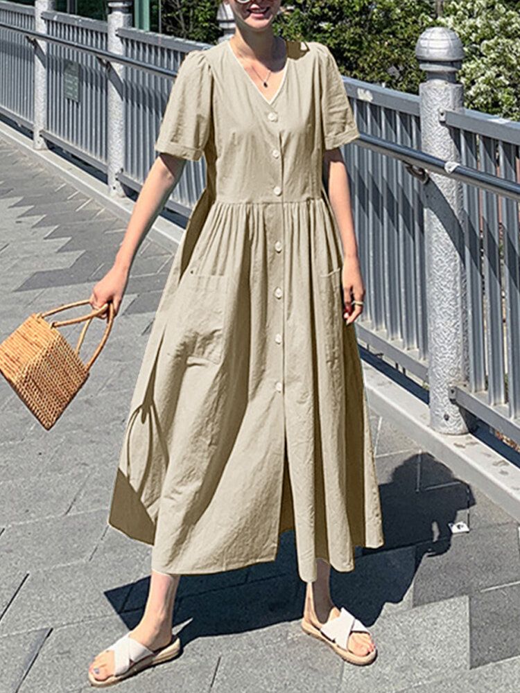 Vestido De Camisa Sólida Con Bolsillo Lateral De Manga Corta Con Botones De Algodón Para Mujer