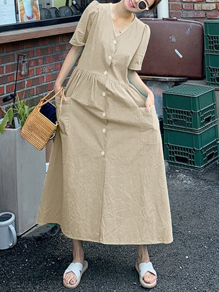 Vestido De Camisa Sólida Con Bolsillo Lateral De Manga Corta Con Botones De Algodón Para Mujer