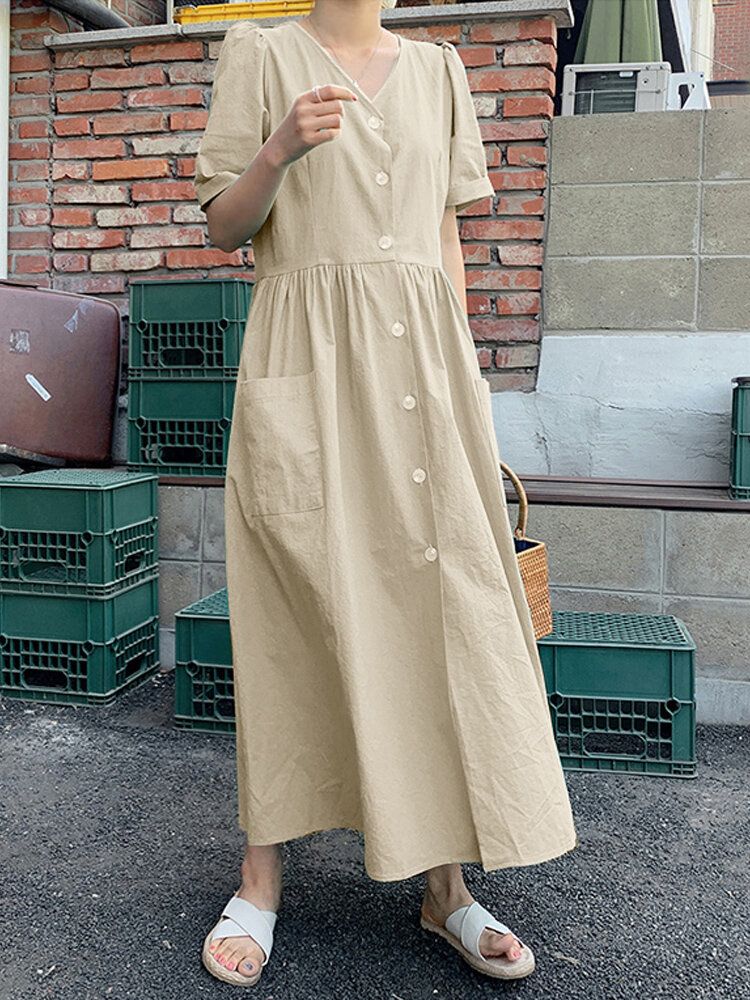 Vestido De Camisa Sólida Con Bolsillo Lateral De Manga Corta Con Botones De Algodón Para Mujer