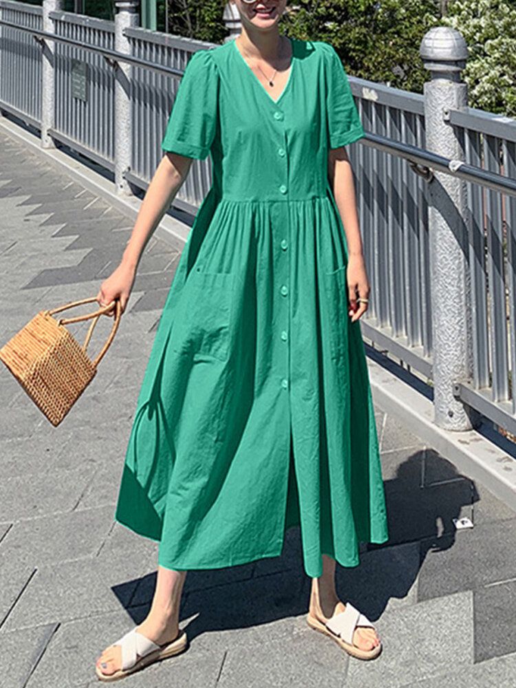 Vestido De Camisa Sólida Con Bolsillo Lateral De Manga Corta Con Botones De Algodón Para Mujer