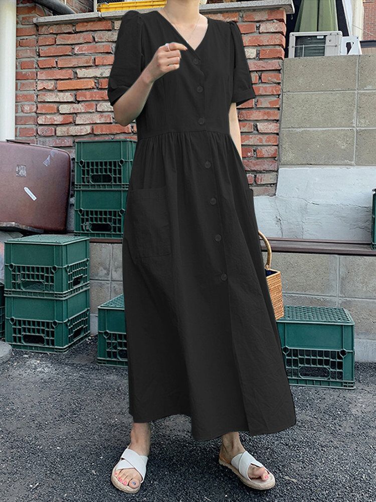 Vestido De Camisa Sólida Con Bolsillo Lateral De Manga Corta Con Botones De Algodón Para Mujer