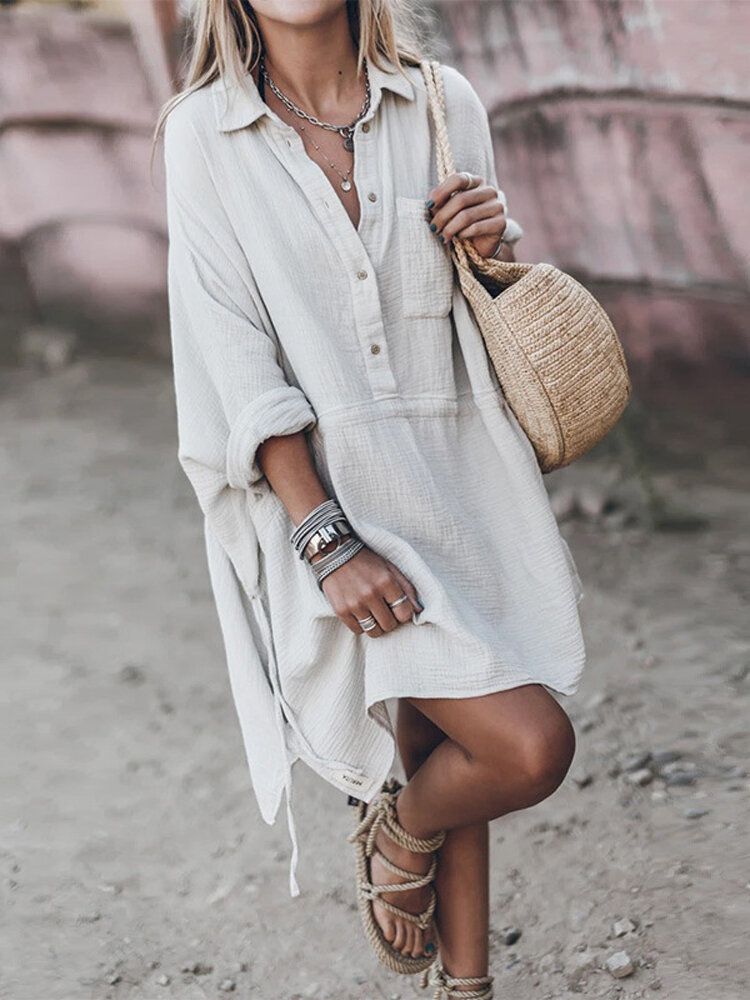 Vestido Camisero De Cintura Con Cordón Y Escote En V Liso De Lino De Algodón Para Mujer Con Bolsillo