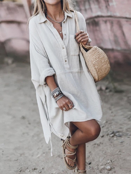 Vestido Camisero De Cintura Con Cordón Y Escote En V Liso De Lino De Algodón Para Mujer Con Bolsillo