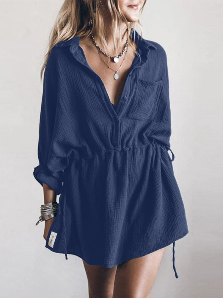 Vestido Camisero De Cintura Con Cordón Y Escote En V Liso De Lino De Algodón Para Mujer Con Bolsillo