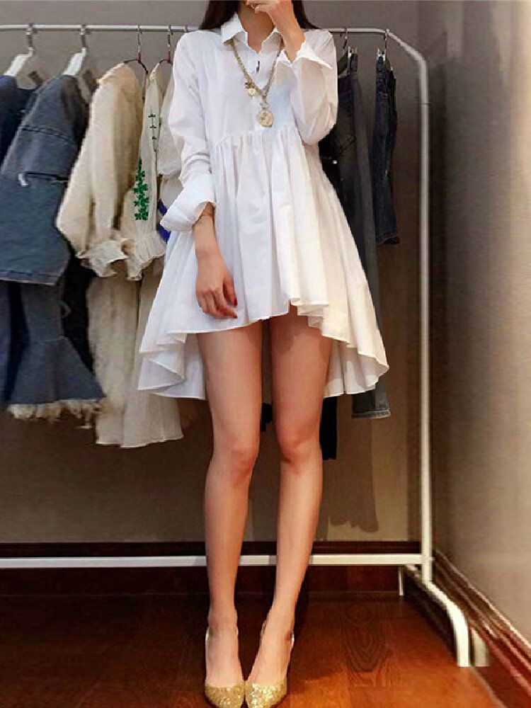 Vestido Camisero Informal Con Solapa De Color Sólido Manga Larga Botón Dobladillo Alto Y Bajo