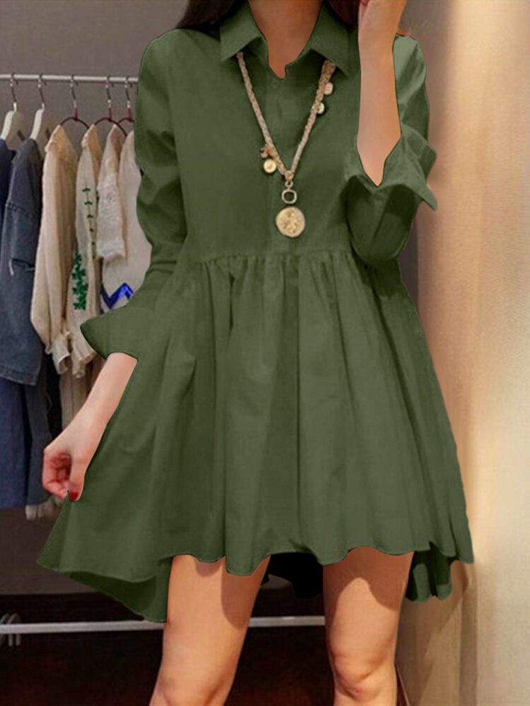 Vestido Camisero Informal Con Solapa De Color Sólido Manga Larga Botón Dobladillo Alto Y Bajo