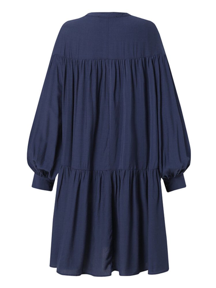 Vestido Camisero Informal Plisado De Manga Larga Con Cuello Alto Y Manga Abullonada