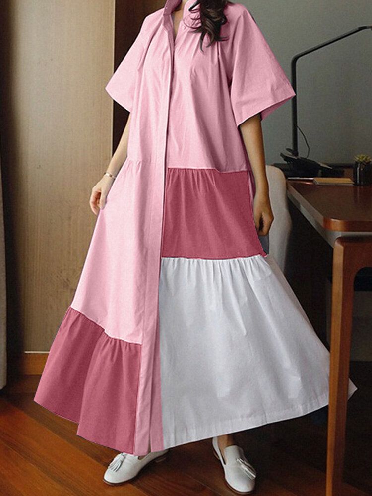 Vestido Camisero De Manga Corta Con Botones De Cuello Alto Y Contraste De Color Para Mujer