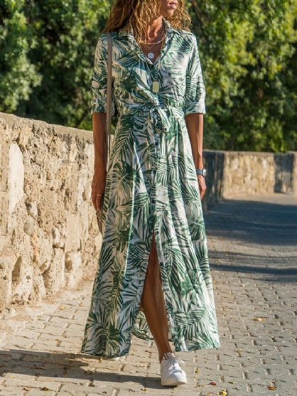 Vestido Camisero De Manga Larga Con Botones Y Estampado De Plantas Tropicales