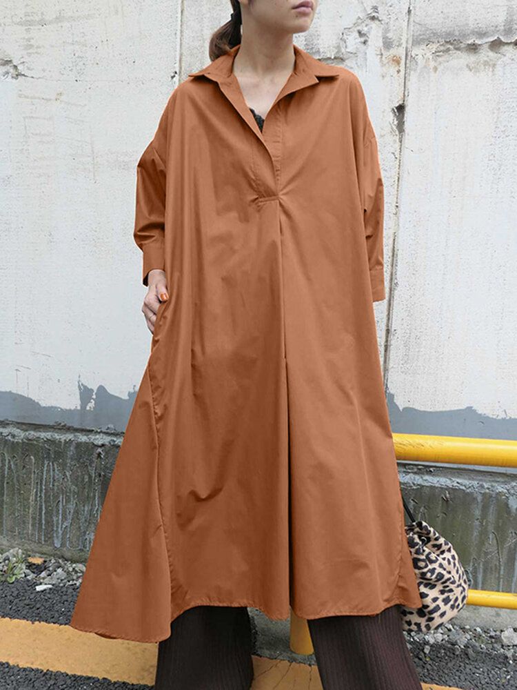 Vestido Camisero De Manga Tres Cuartos Con Dobladillo Irregular Y Botones De Solapa De Color Sólido Con Bolsillo