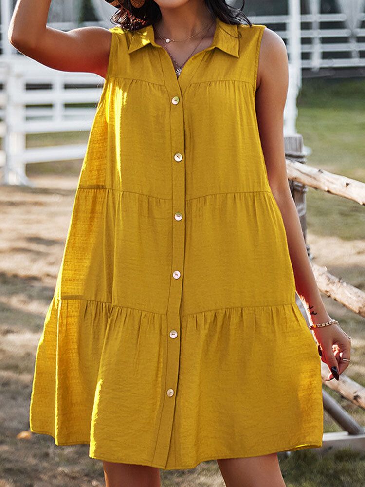 Vestido Informal Suelto Con Botones Sin Mangas Y Solapa De Color Sólido Para Mujer