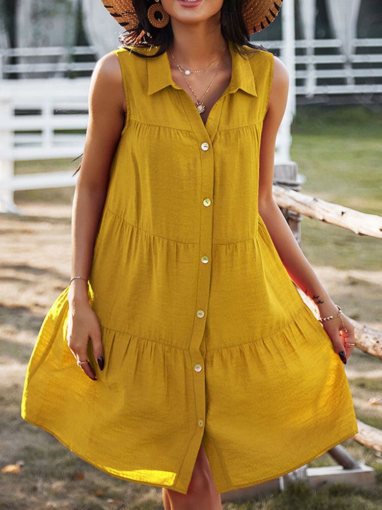 Vestido Informal Suelto Con Botones Sin Mangas Y Solapa De Color Sólido Para Mujer