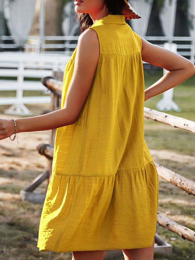 Vestido Informal Suelto Con Botones Sin Mangas Y Solapa De Color Sólido Para Mujer