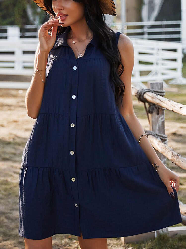 Vestido Informal Suelto Con Botones Sin Mangas Y Solapa De Color Sólido Para Mujer