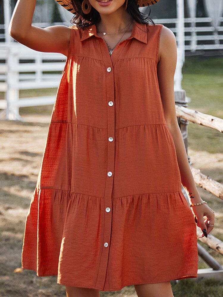 Vestido Informal Suelto Con Botones Sin Mangas Y Solapa De Color Sólido Para Mujer