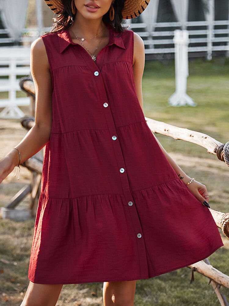 Vestido Informal Suelto Con Botones Sin Mangas Y Solapa De Color Sólido Para Mujer