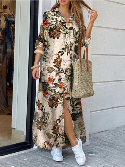 Vestido Largo Informal Suelto Con Estampado De Flores De Algodón Para Mujer Con Bolsillos Delanteros