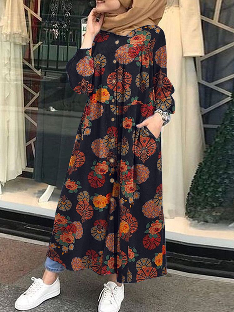 Vestido Maxi Con Bolsillo Y Estampado Floral Retro Con Cuello En O Bata Y Botones Para Mujer