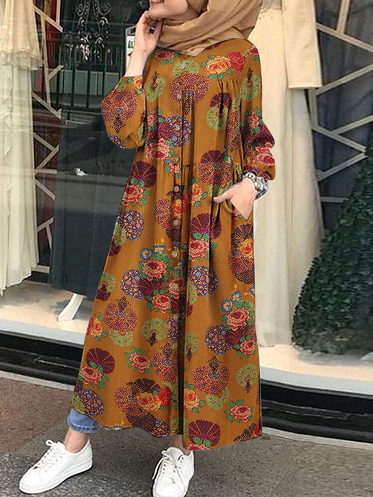 Vestido Maxi Con Bolsillo Y Estampado Floral Retro Con Cuello En O Bata Y Botones Para Mujer