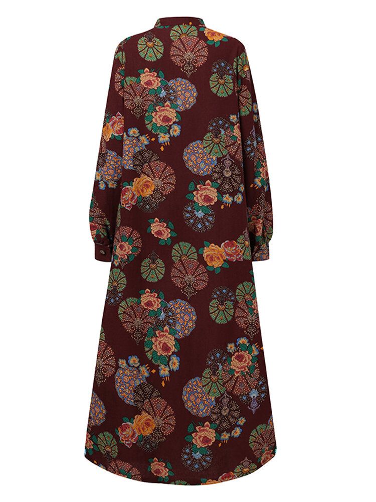 Vestido Maxi Con Bolsillo Y Estampado Floral Retro Con Cuello En O Bata Y Botones Para Mujer