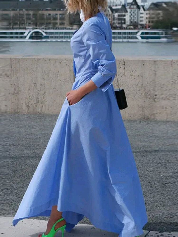 Vestido Maxi Plisado De Manga Larga Con Cremallera En La Espalda Y Cuello En V De Color Sólido