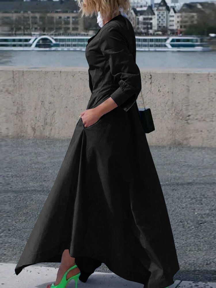 Vestido Maxi Plisado De Manga Larga Con Cremallera En La Espalda Y Cuello En V De Color Sólido