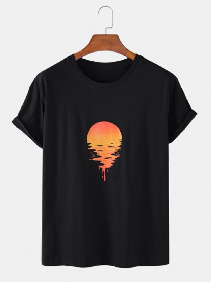 100% Algodón Diseño Sunset Print Cuello Redondo Manga Corta Camisetas Sueltas